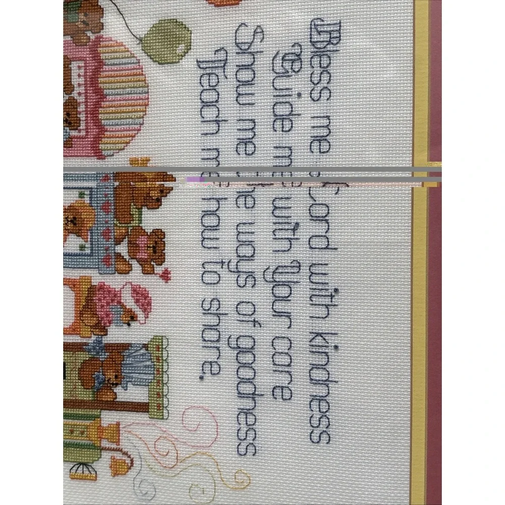 Handmade NeedlePoint Teddy Bear Train Nursery Prayer Wood Framed Wall Art 16x13